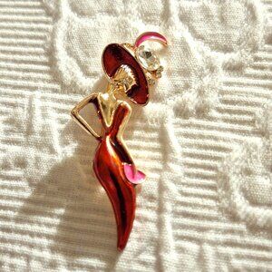 Lady in Red Dress with Pink Clutch Pin